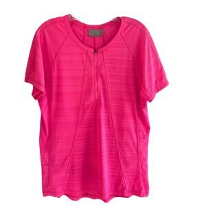Women's ATHLETA XL Cycling Workout Top Pink Stretchy Zip Neck Back Pocket Barbie